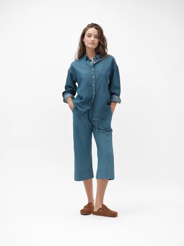 PANTALONI MIDI IN CHAMBRAY CON COULISSE E RISVOLTO - WW30255